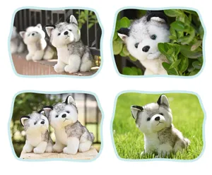 Detailed view of cute simulation husky plush toy in outdoor garden settings. Soft and cuddly.