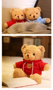 Detailed view of cute stuffed teddy bear wearing a cozy red hoodie plush toy in warm home scene