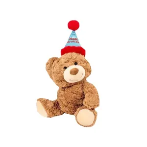 Cute brown teddy bear plush toy wearing a colorful birthday party hat, soft gift for kids and girls.