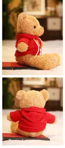 Details of the cute teddy bear plush toy wearing a red hoodie, soft and cuddly gift.