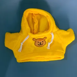 Yellow plush hooded sweater for toys, cute bear embroidery and drawstrings for dolls