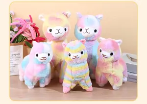 Detailed shot of colorful rainbow alpaca plush toys, soft cute stuffed animal doll decor.