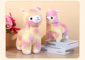Detailed shot of colorful rainbow alpaca plush toy set, soft stuffed animal doll for gifts.