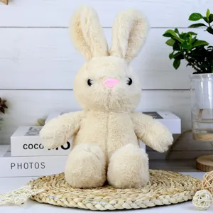 Cute beige plush rabbit toy soft stuffed animal doll children holiday gift detail view