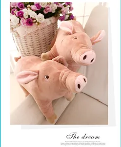 Cute plush pig stuffed toy close up, soft pink animal doll resting on cozy sofa interior.