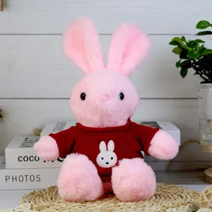 Cute pink plush rabbit toy wearing a red sweater, perfect stuffed animal gift for kids and girls.
