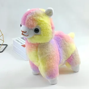 Rainbow alpaca plush toy detailed view, colorful striped stuffed animal doll for kids gift.