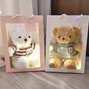Lindo oso de peluche en caja de regalo transparente con luces LED para regalo de cumpleaños