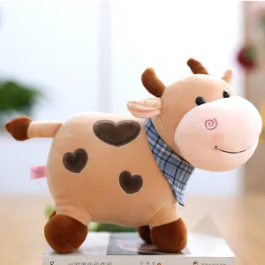 Cute brown plush cow stuffed animal toy with heart spots and blue plaid scarf for kids gifts.