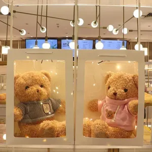 Lindo osito de peluche marrón en caja de regalo transparente con luces, perfecto detalle.