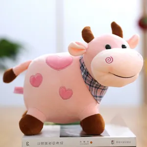 Cute pink cow plush toy with heart spots and plaid scarf soft stuffed animal doll gift