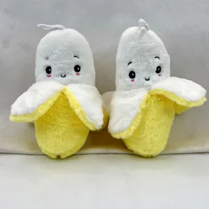 Cute peeled banana plush toy detail, soft fluffy material with sweet embroidered smiling face.