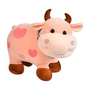 Cute pink plush cow stuffed animal toy with sweet heart patterns for kids decor items