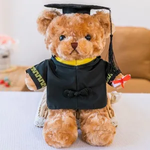 Detail shot of cute brown teddy bear plush wearing black graduation gown and doctoral cap.