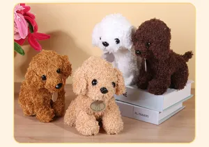 Detailed view of cute simulation teddy dog plush toys in multi-colors, soft and fluffy animal dolls.