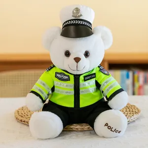 Police teddy bear plush toy wearing high visibility traffic uniform and cap, detailed shot.