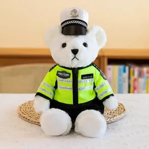 Traffic police teddy bear plush toy wearing a high-visibility uniform and hat. Cute gift.
