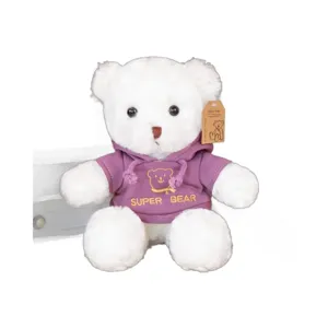 Cute white teddy bear plush toy wearing a purple hoodie, soft stuffed doll gift for kids.