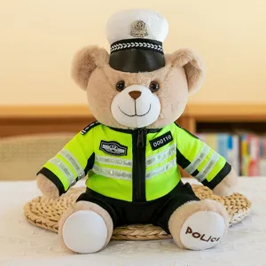 Cute traffic police teddy bear plush toy wearing uniform, soft stuffed doll gift.