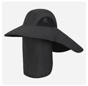 Black sun protection hat with wide brim, neck flap and breathable mesh for outdoor activities.
