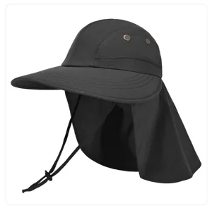 Black sun protection hat detail showing the breathable neck flap and adjustable chin cord.