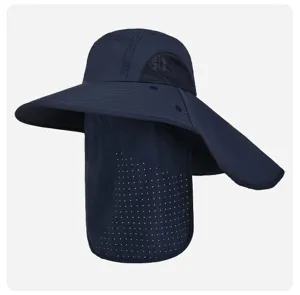 Close-up detail of the navy blue sun protection hat with breathable mesh and neck flap.