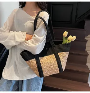 Borsa shopper in paglia intrecciata donna estate spiaggia grande capacità spalla