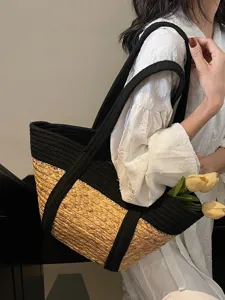 Elegante borsa tote in paglia intrecciata da donna, grande borsa a spalla estiva mare.