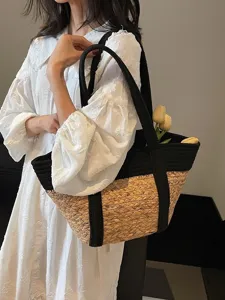 Borsa tote in paglia intrecciata da donna, grande borsa a spalla da spiaggia per l'estate.