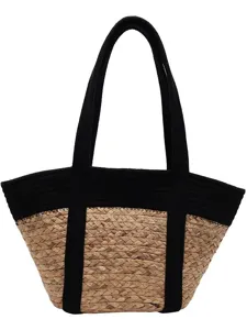 Borsa shopper in paglia intrecciata per donna, grande borsa da spiaggia con finiture in tela.