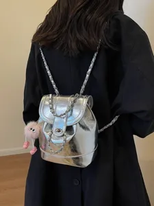 Zilveren metalen ketting rugzak voor dames stijlvolle casual reis schooltas tas