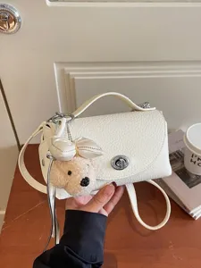 Women Fashion PU Leather Lychee Pattern Pillow Bag Small Handbag Crossbody Bag With Plush Pendant Chic Ladies Shoulder Bag