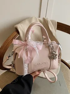 Women Fashion PU Leather Pillow Bag Casual Crossbody Handbag With Lace Bow And Heart Pendant Chic Daily Shoulder Bag