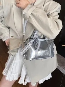 Fashion metallic silver shoulder crossbody pillow handbag with lace bow for daily wear