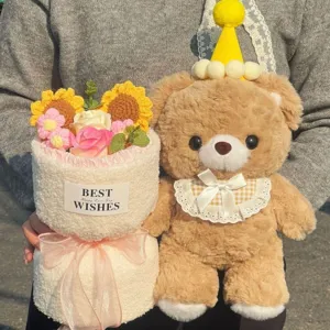 Lindo conjunto de osito de peluche moca con ramo de flores tejidas, muñeca de peluche suave.