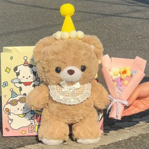 Lindo osito de peluche marrón con gorro de fiesta y babero, suave muñeca de peluche para niñas.