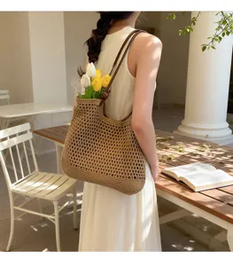 Stylish casual woven tote bag for women, large capacity summer resort style shoulder bag.