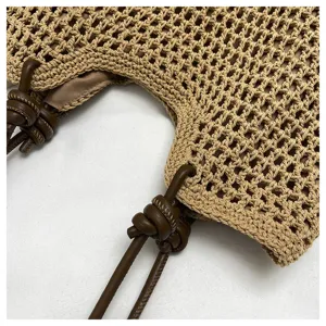 Woven straw tote bag detail crochet handbag summer vacation casual shoulder bag with brown handle