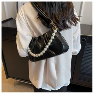 Trendy fashion black ruched underarm bag for women, elegant pearl chain shoulder handbag.
