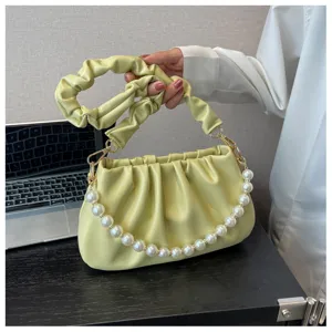 Trendy light green ruched shoulder bag with elegant pearl chain detail for women's daily style.