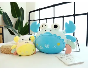 Cute crab plush toy detail view, soft stuffed animal doll with funny claws for home decor.