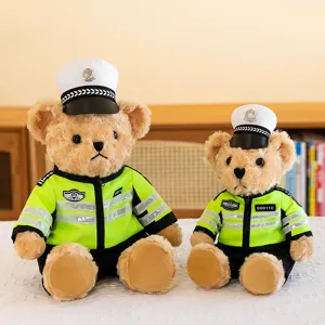 Close-up detail of cute plush teddy bear toys dressed in traffic police uniforms, soft.