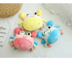 Close-up detail of cute colorful plush crab toys with funny embroidery, displayed on a cozy white bed.