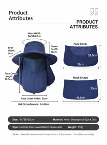 Outdoor sun hat detail showing breathable face cover and adjustable size dimensions.