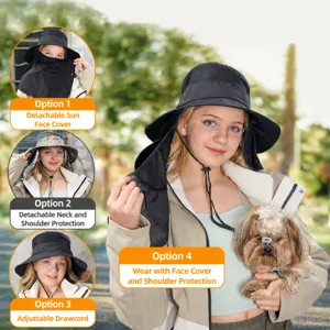 Breathable sun protection hat with removable face mask and neck flap for outdoor wear.
