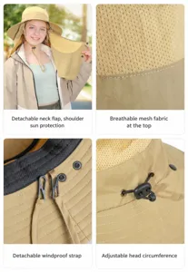 Summer breathable sun protection hat detail showing removable face cover and adjustable cord.