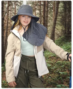 Outdoor sun protection hat detail showing breathable mesh neck flap design for hiking and camping.