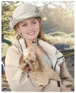 Detail view of the neutral outdoor sun hat, showing breathable fabric and windproof drawstring.