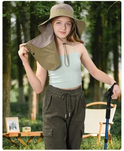 Outdoor sun hat detail showing breathable mesh, protective neck flap, and adjustable cord for hiking.