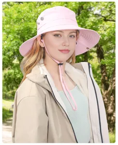 Women pink sun hat outdoor UV protection wide brim beach cap with windproof chin strap